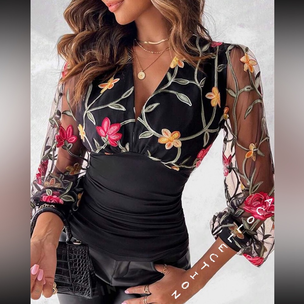Boho Embroidered Floral Sheer Mesh Lace Pleated Long Sleeves Top Blouse Shirt
